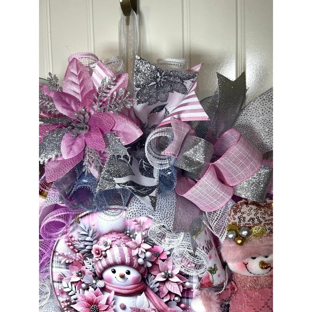 Handmade Pink Winter Snowman Holiday Ribbon Door Wreath 22 ins W80